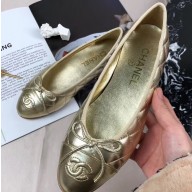 Chanel Leather Classic Bow Ballerinas Flats Quilted Gold