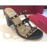 Valentino Heel 9.5cm Rockstud Mules Slide Sandals Black