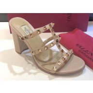 Valentino Heel 9.5cm Rockstud Mules Slide Sandals Nude
