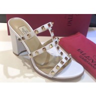 Valentino Heel 9.5cm Rockstud Mules Slide Sandals White