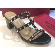 Valentino Heel 6.5cm Rockstud Mules Slide Sandals Black