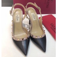 Valentino Heel 9.5cm Rockstud Sheepskin Slingback Pumps Black