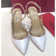 Valentino Heel 9.5cm Rockstud Sheepskin Slingback Pumps White