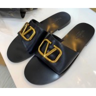 Valentino Cowhide Slip-On Slide Sandals Black With Go Logo Detail 2019