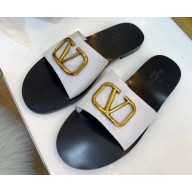 Valentino Cowhide Slip-On Slide Sandals White With Go Logo Detail 2019