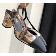 Chanel Heel 6.5cm Slingbacks G31318 Laminated Bronze/Grosgrain Black 2019