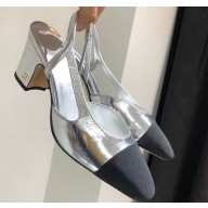 Chanel Heel 6.5cm Slingbacks G31318 Silver/Grosgrain Black 2019