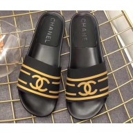 Chanel Striped and CC Logo Mules Slides Slipper Sandals Black 2019