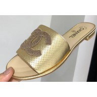 Chanel Stitching CC Logo Mules Perforated Gold 2019