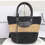 Balenciaga Calfskin And Raffia Fibers Small Tote Summer Bag Black 2019