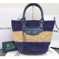 Balenciaga Calfskin And Raffia Fibers Small Tote Summer Bag Blue 2019