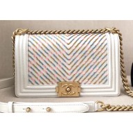 Chanel Embroidered Chevron Boy Medium Flap Bag White 2019