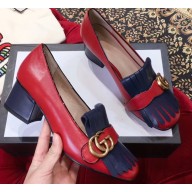 Gucci Double G Fringe Leather Mid-heel 4.5cm Pumps Red/Blue 2019