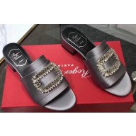 Roger Vivier Heel 3.5cm Rabat Strass Buckle Mules Satin Gray