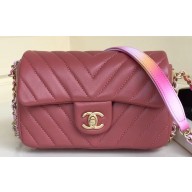 Chanel Chevron Small Classic Flap Bag Red with Rainbow Strap Around 2019