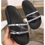 Balenciaga Stripe Logo Piscine Slides Sandals Black
