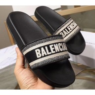 Balenciaga Woven Logo Slides Sandals Black