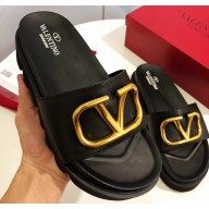 Valentino Heel 6cm Slide Sandals Black With VLogo Detail 2019