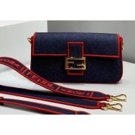 Fendi Denim Baguette Medium Flap Bag Blue/Red 2019