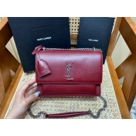 Saint Laurent Medium Sunset Bag in CALFSKIN 442906 Burgundy/silver(ORIGINAL QUALITY) 
