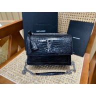Saint Laurent Medium Sunset Bag in Crocodile Embossed Shiny Leather 442906 BLACK/SILVER(ORIGINAL QUALITY)