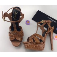Saint Laurent Tribute Sandals In Crocodile Embossed Leather Khaki