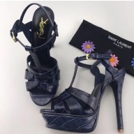 Saint Laurent Tribute Sandals In Crocodile Embossed Leather Blue