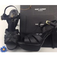 Saint Laurent Heel 9.5cm Platform 3cm Tribute Sandals In Grained Leather Black