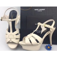 Saint Laurent Heel 9.5cm Platform 3cm Tribute Sandals In Grained Leather Creamy