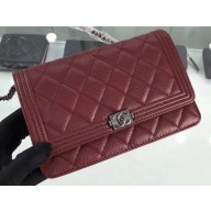 Chanel Grained Leather Boy Wallet On Chain WOC Bag A80287 Burgundy/Silver
