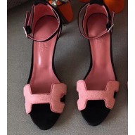 Hermes Heel 6cm Premiere Sandals Suede Pink/Black 2019