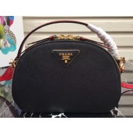 Prada Round Odette Saffiano Leather Bag 1BH123 Black/Red 2019