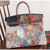 Hermes Birkin 35 Bag in Print Leather Brown/Blue