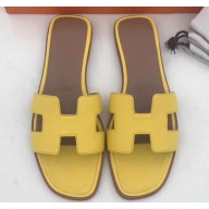 Hermes Oran Flat Slipper Sandals in Togo Leather Yellow/Coffee