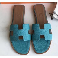 Hermes Oran Flat Slipper Sandals in Togo Leather Turquoise