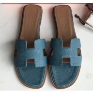 Hermes Oran Flat Slipper Sandals in Togo Leather Denim Blue
