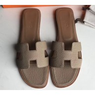 Hermes Oran Flat Slipper Sandals in Togo Leather Light Camel/Brown