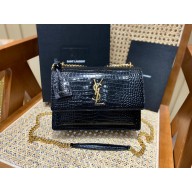 Saint Laurent Medium Sunset Bag in Crocodile Embossed Shiny Leather 442906 BLACK/GOLD(ORIGINAL QUALITY)