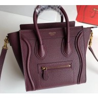 Celine Nano Luggage Bag in Original Drummed Calfskin Burgundy with Removable Shoulder Strap