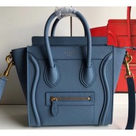 Celine Nano Luggage Bag in Original Drummed Calfskin Denim Blue with Removable Shoulder Strap