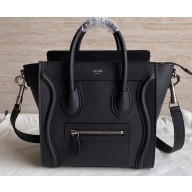 Celine Nano Luggage Bag in Original Drummed Calfskin Black/Silver with Removable Shoulder Strap