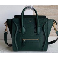Celine Nano Luggage Bag in Original Drummed Calfskin Dark Green with Removable Shoulder Strap