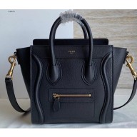 Celine Nano Luggage Bag in Original Drummed Calfskin Black/Gold with Removable Shoulder Strap
