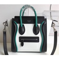 Celine Nano Luggage Bag in Original Smooth Calfskin Black/White/Green with Removable Shoulder Strap