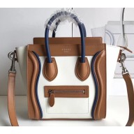 Celine Nano Luggage Bag in Original Smooth Calfskin Khaki/White/Royal Blue with Removable Shoulder Strap