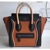 Celine Nano Luggage Bag in Original Smooth Calfskin Black/Caramel/Apricot with Removable Shoulder Strap