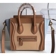 Celine Nano Luggage Bag in Original Smooth Calfskin Khaki/Apricot/Baby Blue with Removable Shoulder Strap