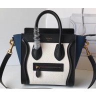 Celine Nano Luggage Bag in Original Black/Drummed White/Crinkled Blue with Removable Shoulder Strap