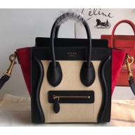 Celine Nano Luggage Bag in Original Black/Drummed Beige/Suede Red with Removable Shoulder Strap