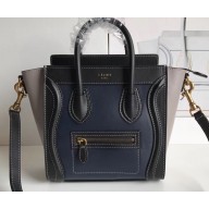 Celine Nano Luggage Bag in Original Smooth Calfskin Black/Navy Blue/Pale Gray with Removable Shoulder Strap